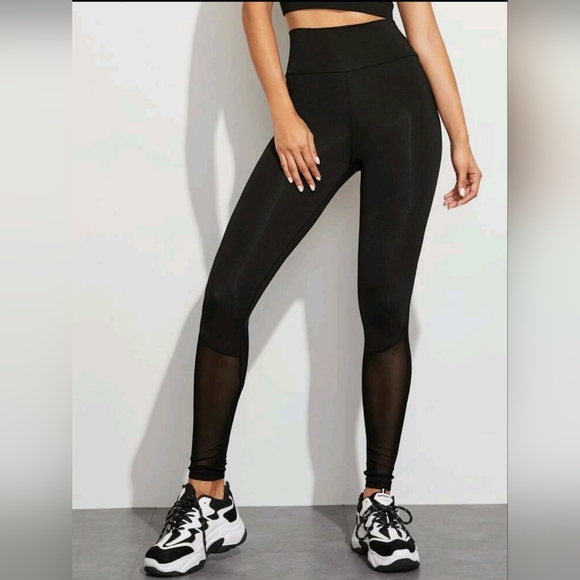 Yoga Trendy Contrast Mesh Wide Band Waist Sports Leggings Size Medium - Picture 3 of 5